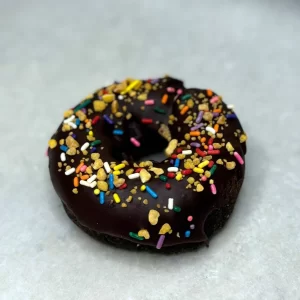 Chocolate cake donut with chocolate icing and sprinkles